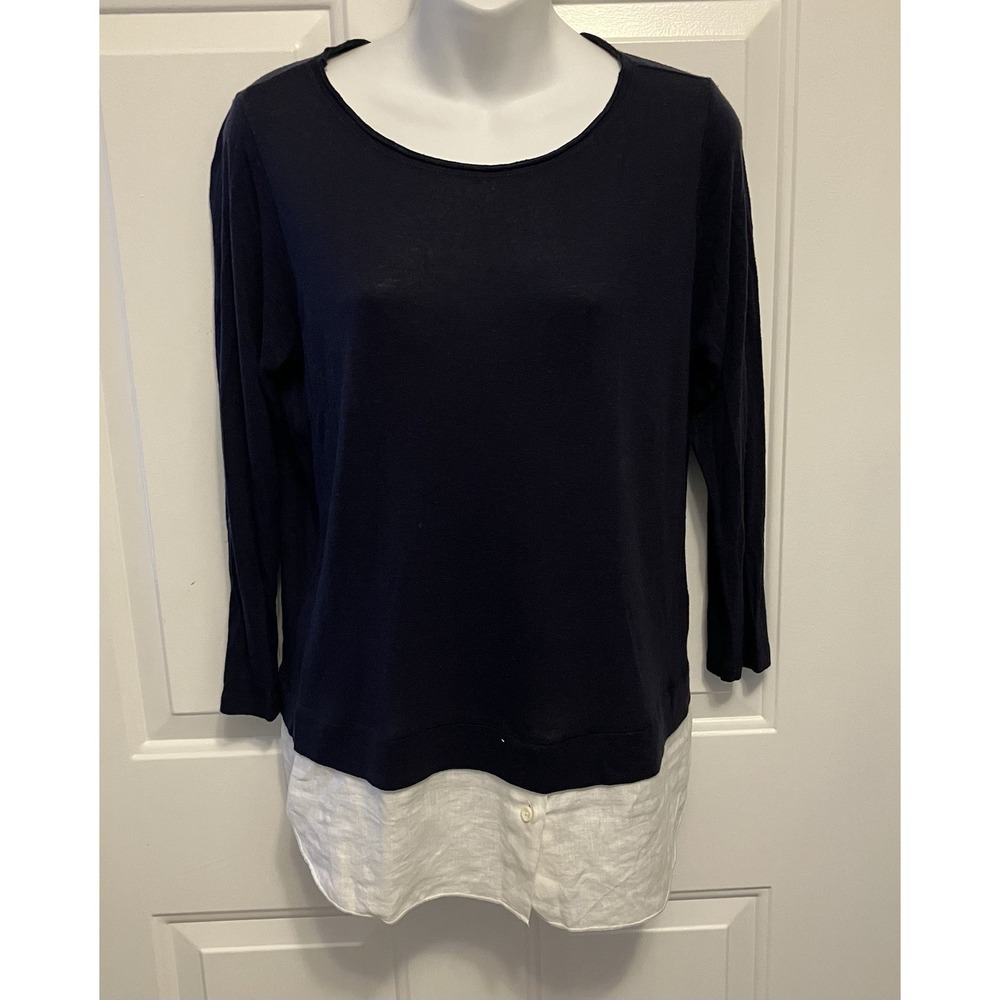 Whyci Milano Sz 44‎ Medium 3/4 Sleeve Shirt Italy Navy Blue White Linen Women's